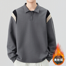 加绒加厚男Polo衫拼接撞色精致男长袖T恤高端一体云朵棉翻领上衣