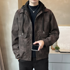 批发2025秋冬新款男士连帽假两件皮衣夹克时尚潮流帅气休闲保暖外套