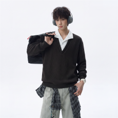 批发假两件衬衫领华夫格卫衣拼接套头长袖上衣<b class='q'>男装</b>潮流老钱风上衣