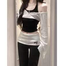 批发纯欲风假两件挂脖露肩<b class='q'>长袖</b>上衣女春季新款高腰修身显瘦休闲<b class='q'>裤</b>套<b class='q'>装</b>