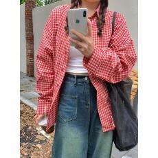 曾小咸 韩系红色格子防晒衬衫外套女早春季新款宽松衬衣开衫上衣
