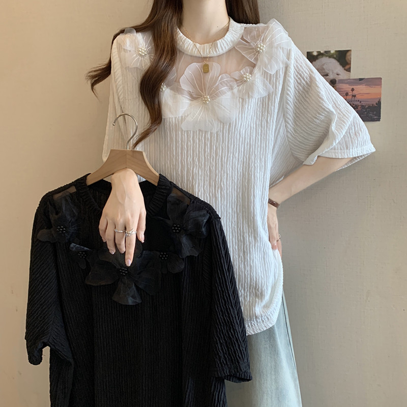 FA35888# 大码女装夏装新款宽松显瘦镂空别致法式立体花朵设计感上衣 服裝批發女裝批發服飾貨源