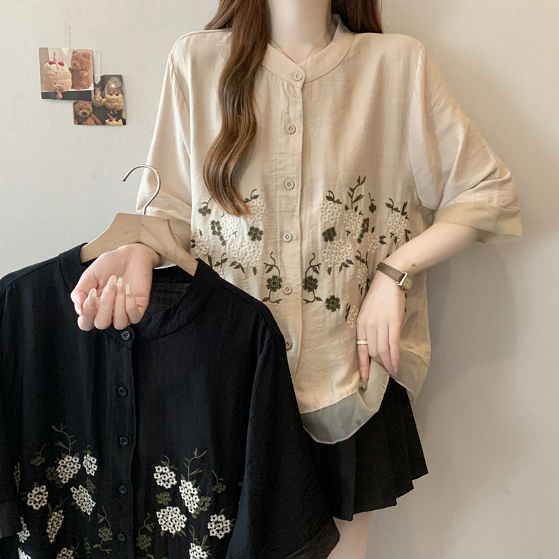 FA35889# 大码女装夏装新款刺绣宽松显瘦减龄遮肉时尚气质百搭短袖上衣 服裝批發女裝批發服飾貨源