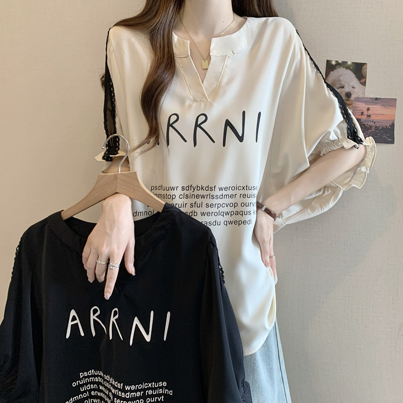 FA35887# 大码女装夏装新款宽松显瘦减龄V领气质高级感印花短袖衬衫女 服裝批發女裝批發服飾貨源