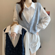 批发实拍大码女装春季新款宽松显瘦时尚假两件长袖衬衣百搭休闲衬衫