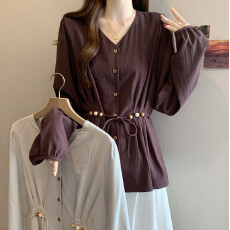 批发实拍春季大码新款法式串珠腰带高端气质束腰遮肉宽松百搭衬衫