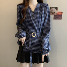 批发实拍<b class='q'>大码</b><b class='q'>女装</b><b class='q'>秋装</b>新款显瘦遮肉韩版不规则格子收腰衬衫上衣配腰带