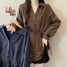 实拍大码女装春装新款宽松显瘦减龄翻领条纹长袖衬衫收腰遮肚上衣