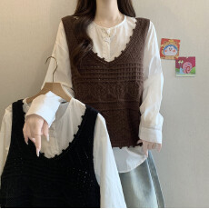 批发实拍<b class='q'>大码</b>女装秋装新款宽松时尚百搭显瘦针织马甲背心衬衫两件套