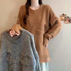 批发实拍大码女装复古蝴蝶结套头毛衣秋冬新款宽松显瘦设计感针织上衣