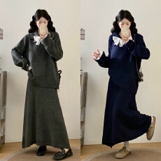 批发实拍大码女秋冬<b class='q'>新款</b>宽松高级感慵懒风蕾丝针织毛衣<b class='q'>半身裙</b>两件套装