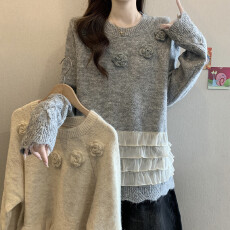 批发实拍大码女装秋冬新款宽松显瘦遮肉减龄设计感<b class='q'>毛衣</b>外套拼接<b class='q'>荷叶边</b>