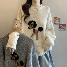 批发实拍大码女装秋冬季新款小马刺绣慵懒风设计感宽松减龄针织衫毛衣