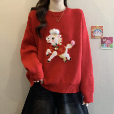 批发大码女装秋冬装红色圣诞过年马年针织毛衣减龄慵懒风别致加厚毛衣