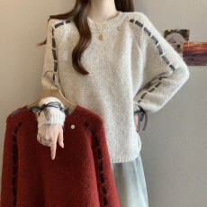 批发实拍秋冬新款大码女装长袖蝴蝶结系带圆领套头毛衣胖MM宽松上衣