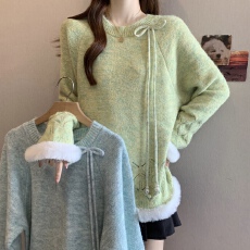 批发大码女装胖mm秋冬新款宽松高级感毛毛边蝴蝶结针织毛衣慵懒风上衣