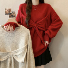 批发大码女装<b class='q'>秋</b>冬新款蝴蝶结毛衣假两件套装高级感显瘦中长款针织上衣