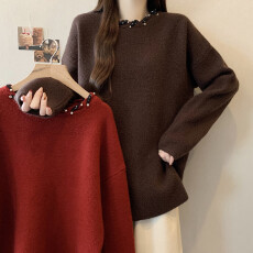 批发实拍大码女装秋冬装新款设计感红色毛衣圆领系带蝴蝶结套头<b class='q'>针织衫</b>