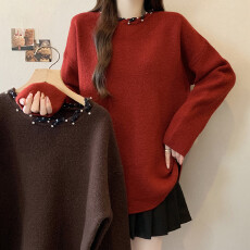 批发实拍大码女装秋冬装新款设计感红色毛衣圆领系带蝴蝶结套头<b class='q'>针织衫</b>