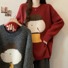 批发实拍大码女装<b class='q'>秋</b>冬装减龄新款宽松慵懒卡通小狗圆领针织套头毛衣