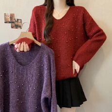 批发实拍大码女装<b class='q'>秋</b>冬装新年红色新款显瘦遮肚钉珠休闲毛衣针织上衣