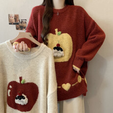 批发实拍大码女装秋冬新款软糯苹果圆领套头<b class='q'>毛衣</b>设计感慵懒加厚上衣