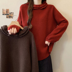 批发实拍大码女装秋冬新款设计感红色<b class='q'>毛衣</b>圆领木耳边套头胖MM针织衫女