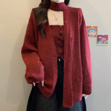 批发实拍大码女装<b class='q'>秋</b>冬装宽松高级感红色针织毛衣独特别致洋气上衣套装