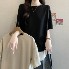 批发实拍大码女装夏季新款宽松显瘦洋气减龄撞色拼接假两件套短袖T恤