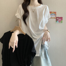 批发实拍大女装夏季新款圆领抽绳收腰显瘦遮肉短袖T恤百搭法式上衣