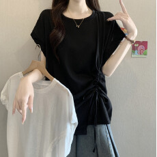 批发实拍大女装夏季新款圆领抽绳收腰显瘦遮肉短袖T恤百搭法式上衣