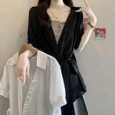 批发实拍<b class='q'>大码</b>女装新款夏装设计感法式<b class='q'>时尚</b>气质显瘦收腰短袖衬衫上衣