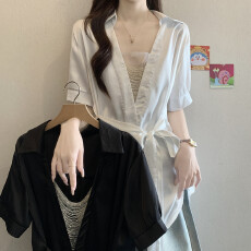 批发实拍<b class='q'>大码</b>女装新款夏装设计感法式<b class='q'>时尚</b>气质显瘦收腰短袖衬衫上衣