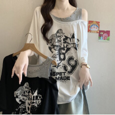 批发实拍大码女装夏季斜肩拼接印花背心吊带设计感显瘦假两件短袖上衣