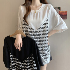 批发实拍大码女装夏装去新款宽松显瘦遮肉减龄假两件简约<b class='q'>T</b><b class='q'>恤</b><b class='q'>短袖</b>上衣