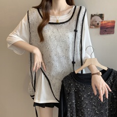 批发实拍大码女装法式蕾丝<b class='q'>网纱</b>马甲夏季宽松显瘦T恤两件套短袖<b class='q'>上衣</b>