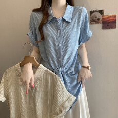 批发实拍大码女装夏季新款宽松显瘦绑带格子衬衣女不规则百搭短袖衬衫