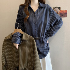 批发实拍大码女装秋装新款宽松复古<b class='q'>条纹</b><b class='q'>衬衫</b>设计感收腰显瘦长袖上衣
