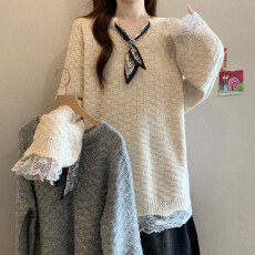 批发实拍大码女装冬装宽松显瘦<b class='q'>蕾丝拼接</b>丝巾休闲百搭毛衣遮肚针织上衣