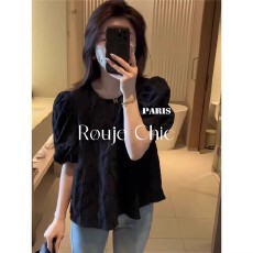 批发法式黑色泡泡袖褶皱短袖t恤女夏季高级感显瘦上衣