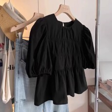 批发法式褶皱短款娃娃衫泡泡袖衬衫女2026年夏季新款