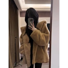 批发冬季暖棕环保水貂绒大衣简约慵懒保暖加厚质感连帽<b class='q'>外套</b>
