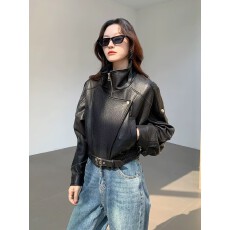 批发皮衣外套<b class='q'>女</b>2026新款进口山羊皮泡皮机车<b class='q'>夹克</b>小个子高级感外套