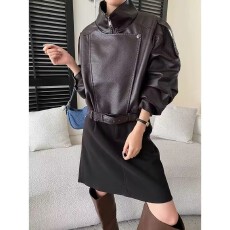 批发秋季新款 美式复古PU皮翻领机车廓形皮衣<b class='q'>夹克</b>外套