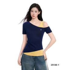 批发夏季新款设计感纯欲风斜肩撞色假两件刺绣百搭短袖上衣女
