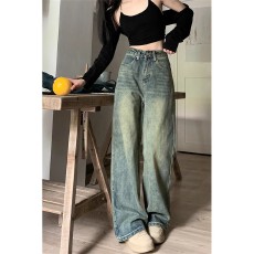 批发加绒加厚复古阔腿<b class='q'>牛仔裤</b><b class='q'>女</b>秋冬新款高腰垂感直筒宽松显瘦拖地裤