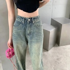 批发加绒加厚复古阔腿<b class='q'>牛仔裤</b><b class='q'>女</b>秋冬新款直筒宽松垂感显瘦拖地长裤子