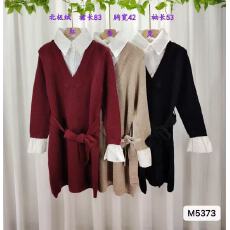 批发秋冬新款韩版高级感衬衣领拼接<b class='q'>假两件</b>绑带收腰长袖连衣裙