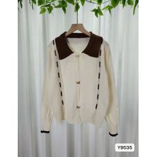 批发秋冬新款<b class='q'>韩版</b>甜美减龄拼色娃娃领蝴蝶结纽扣长袖开衫上衣女