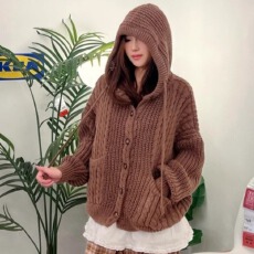批发韩系慵懒风V领连帽麻花针织毛衣女秋<b class='q'>冬</b>新款美式宽松加厚显瘦外套